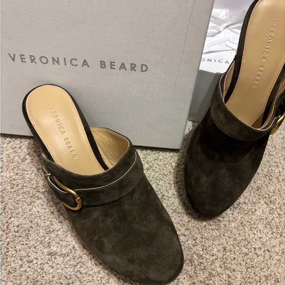 Veronica Beard Dark Green Suede Mules with Buckle - Picture 2 of 4